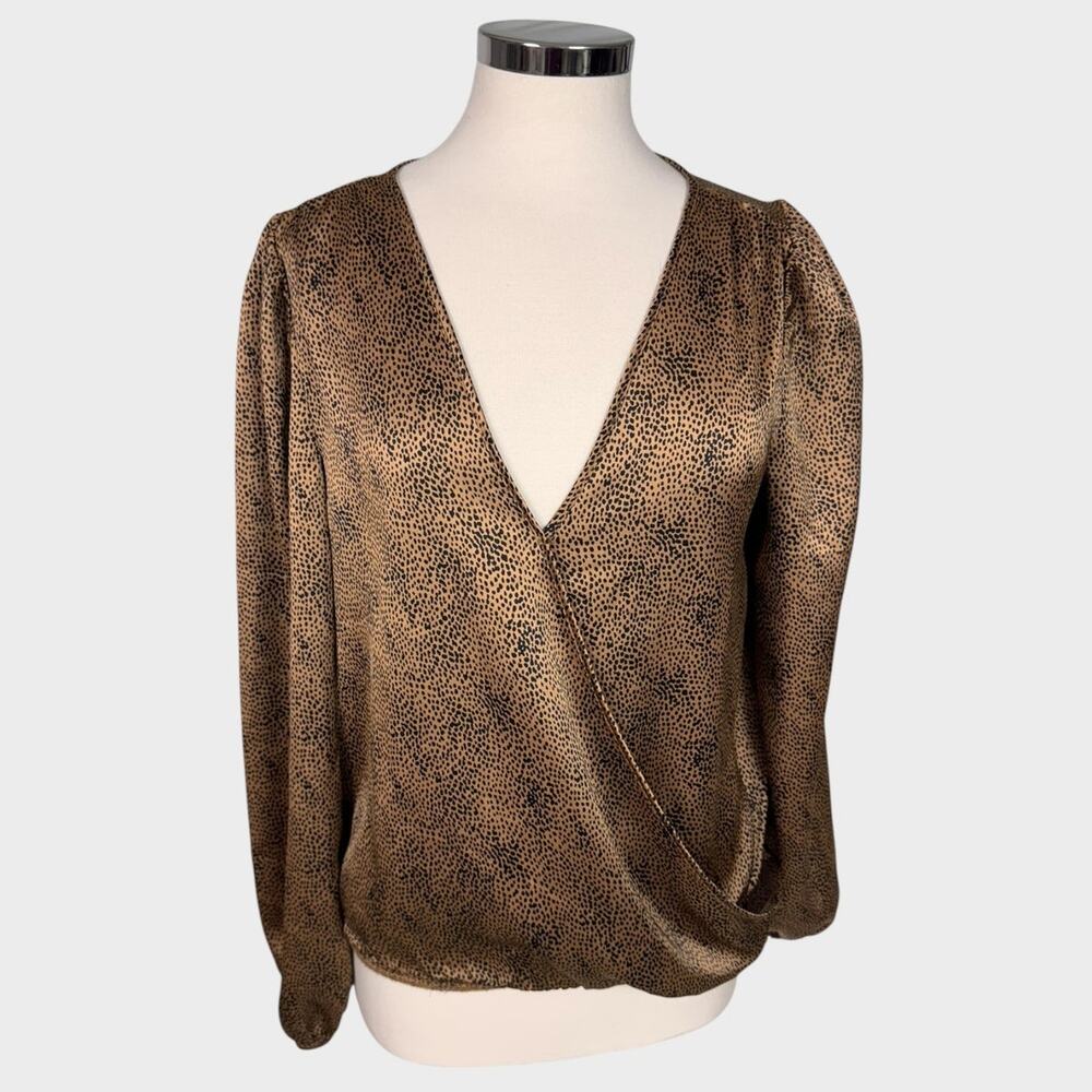 Sincerely Jules Large Satin Wrap Top Gold Brown Animal Print Top - Picture 2 of 9